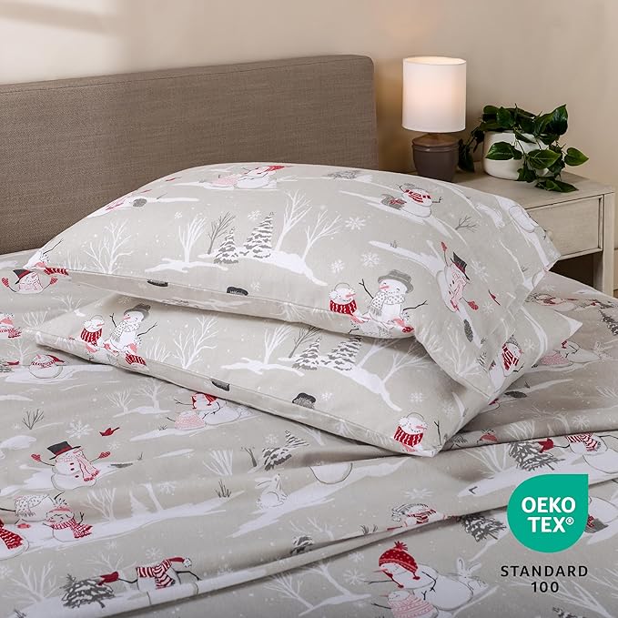 Bare Home Flannel Sheet Set Prints, 100% Cotton, Velvety Soft Heavyweight - Double Brushed Flannel for Extra Softness & Comfort - Deep Pocket - Bed Sheets (Twin, Snowmen)
