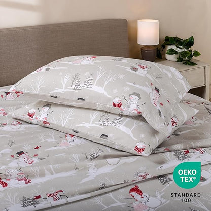 Bare Home Flannel Sheet Set Prints, 100% Cotton, Velvety Soft Heavyweight - Double Brushed Flannel for Extra Softness & Comfort - Deep Pocket - Bed Sheets (Queen, Snowmen)