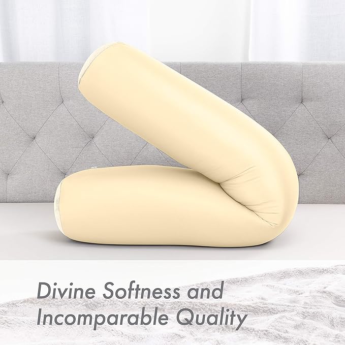 Straight Body Pillow, Full Size Premium Microbead,Side Sleeping/Maternity Pregnant Women, Supportive,Fluffy, Breathable, Cooling, 85/15 Spandex/Nylon Silky Anti-Aging - 48 X 8 - Off White Creme