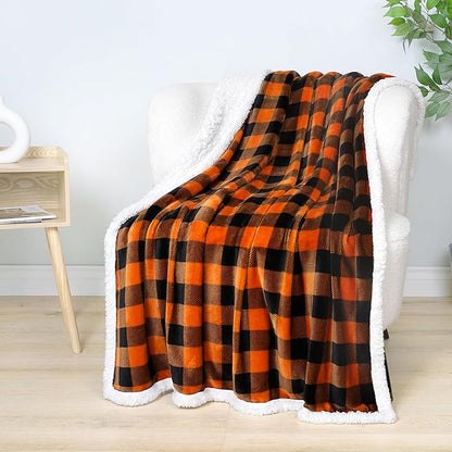 PAVILIA Black Orange Buffalo Plaid Sherpa Throw Blanket for Couch, Plush Halloween Checkered Fleece Blanket and Throws, Soft Fuzzy Flannel Blanket for Sofa Bed, Warm Cozy Winter Blanket Gift, 50x60