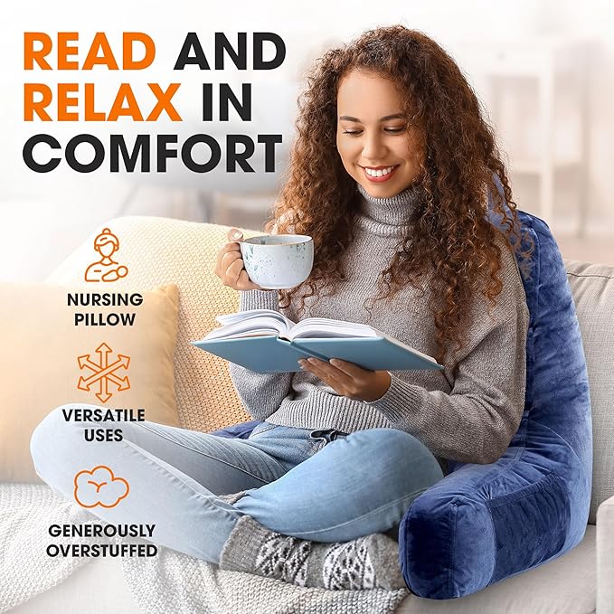 Cheer Collection Reading Pillow with Arms – Portable Bed Pillow for Sitting Up & Support, Foam-Filled Back Rest Pillow for Sitting in Bed & Couch, Machine Washable Navy Blue (Large)