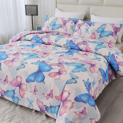 SDIII 3PCS Colorful Butterfly Comforter Set Twin, Soft Microfiber Lightweight Butterfly Comforter Twin, Butterflies Bedding for Girls Boys Kids Teens