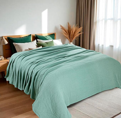 HILLFAIR 100% Combed Cotton Blanket– California King Size Bed Blankets– Warm Soft All Season Breathable Blankets– Extra Large Oversized California King Blanket- Sage Cotton Bed Blankets