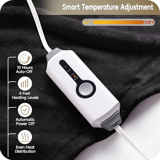 Electric Heated Blanket Twin Size 62×84, Breathable & Luxurious Flannel,Soft Warm Gift with Over-Heat Protection,4 Heating Levels & 10 H Auto Shut Off, Machine Washable，Dark Grey