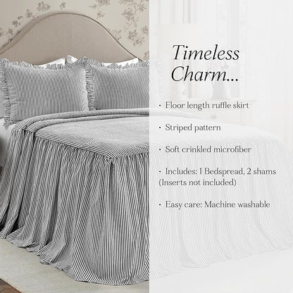 Lush Decor Ticking Stripe Bedspread Full Size 3 Piece Set Black - Ruffle Bedding Set Full Bedspreads - Kids Bedding - Farmhouse & Coquette Decor