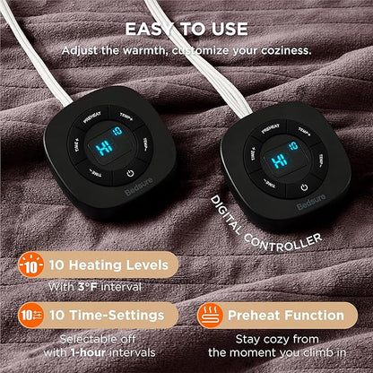 Bedsure Electric Blanket Queen Size - Dual Control Heated Blanket Queen, Fast Heating with 10 Time Settings & 10 Heat Settings, Warm Gift for Grandma (84x90 inches, Brown)