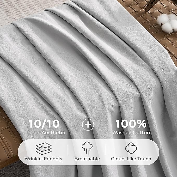JELLYMONI 100% Washed Cotton Duvet Cover King – Soft, Breathable Linen-Look Bedding with Natural Wrinkle Texture, Button Closure, 3-Piece Set (Pale Grey, 104"x90")