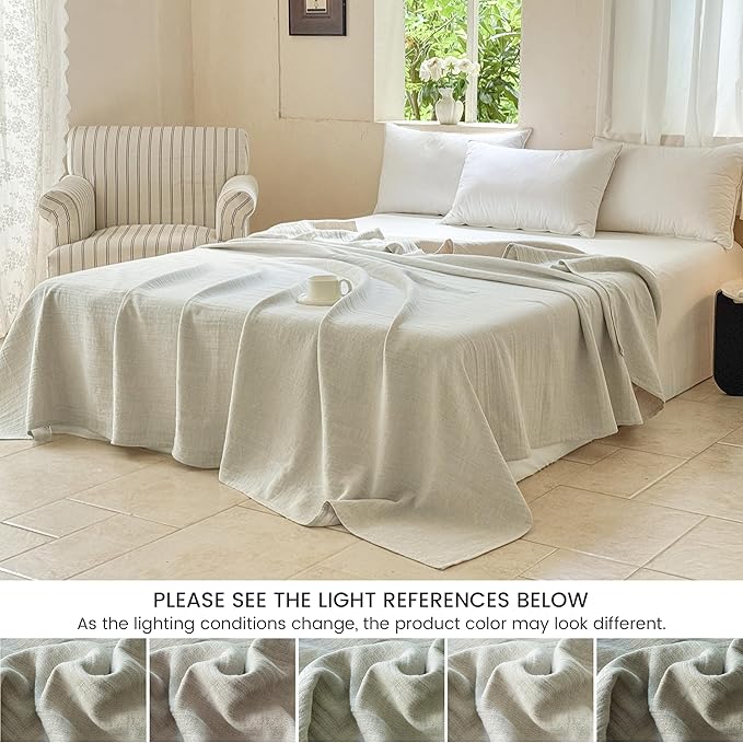 Simple&Opulence Linen Cotton Blanket with Double Layered Folded Edge for Couch/Bed/Sofa/Gift, Natural Flax Solid Color Soft Breathable Cozy Farmhouse Home Décor - Linen, 104"x90"