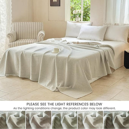 Simple&Opulence Linen Cotton Blanket with Double Layered Folded Edge for Couch/Bed/Sofa/Gift, Natural Flax Solid Color Soft Breathable Cozy Farmhouse Home Décor - Linen, 104"x90"