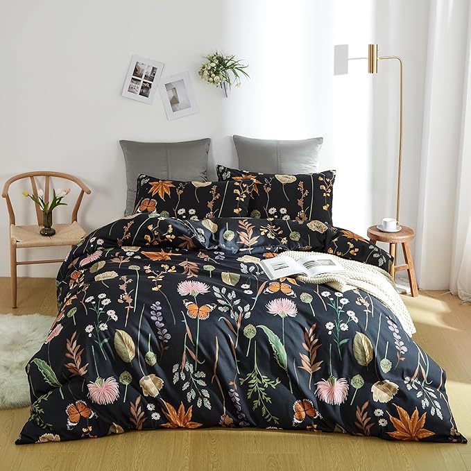 Floral Duvet Cover Set Queen, 3 Pcs Soft Microfiber Black Duvet Cover with Pink Floral Colorful Botanical Yellow Butterfly 3D Printed Comforter Cover with Zipper Ties (No Comforter)