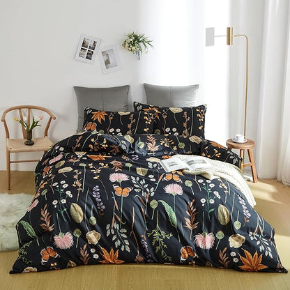 Floral Duvet Cover Set Queen, 3 Pcs Soft Microfiber Black Duvet Cover with Pink Floral Colorful Botanical Yellow Butterfly 3D Printed Comforter Cover with Zipper Ties (No Comforter)