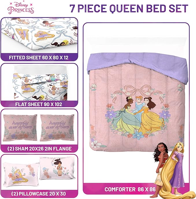 Jay Franco Kids Comforter Set Includes Sheets and Pillow Covers - Soft and Cozy Bed Set for Stylish Room Decor, Pink – Disney Princess, 7 Piece Queen