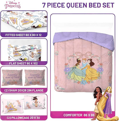 Jay Franco Kids Comforter Set Includes Sheets and Pillow Covers - Soft and Cozy Bed Set for Stylish Room Decor, Pink – Disney Princess, 7 Piece Queen