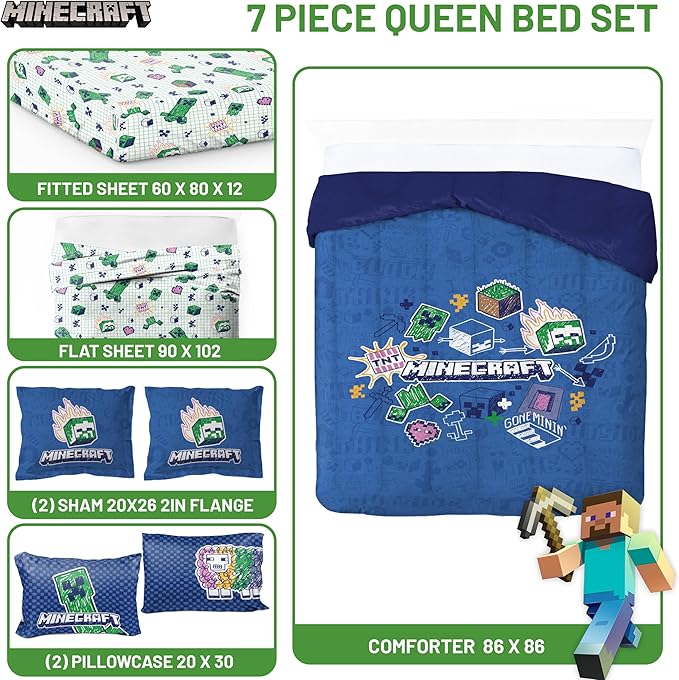 Jay Franco Kids Comforter Set Includes Sheets and Pillow Covers - Soft and Cozy Bed Set for Stylish Room Decor, Blue - Minecraft 02, 7 Piece Queen Bedding