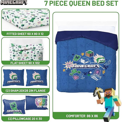 Jay Franco Kids Comforter Set Includes Sheets and Pillow Covers - Soft and Cozy Bed Set for Stylish Room Decor, Blue - Minecraft 02, 7 Piece Queen Bedding