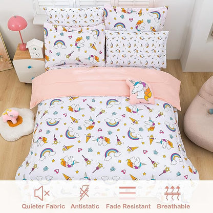 Mooreeke Bed in a Bag for Kids Girls Teens, 6 Pieces Twin Size Comforter Bed Set with Shams, Sheet Set and Decorative Toy Pillow, Unicorn Rainbow Super Soft Microfiber Kids Bedding Set