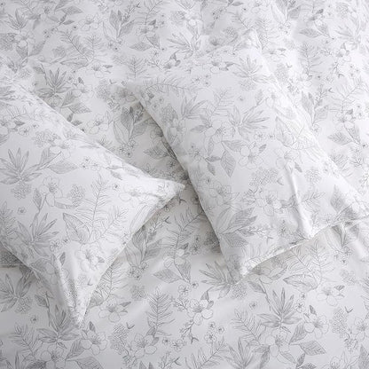 100% Cotton Floral Duvet Cover Set Queen Size Ultra Soft Breathable Grey Floral and Leaf Comforter Cover Set 3 Pcs All Season Cozy Floral Bed Cover with Zipper Closure
