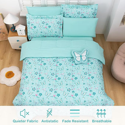 Mooreeke Bed in a Bag for Kids Girls Teens, 8 Pieces Full Size Comforter Bed Set with Shams, Sheet Set and Decorative Toy Pillow, Butterfly Mint Green Super Soft Microfiber Kids Comforter Bedding Set