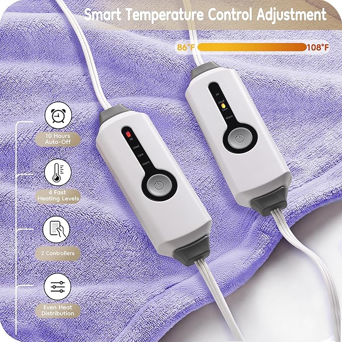 Electric Heated Blanket 84" x 90" Queen Size with Dual Control Warm Flannel Heated Blanket with 4 Heating Levels & 10 Hours Auto-Off, Fast Heating, Machine Washable, for Bedding -Light Purple