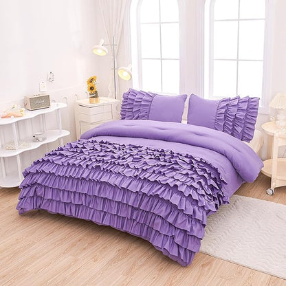 MWMWMW Girls Comforter Set Queen, Lavender Ruffle Bedding Set Queen, Girls Purple Bedding Sets with 1 Fitted Sheets, 1 Flat Sheet, 1 Comforter, 2 Pillowcases