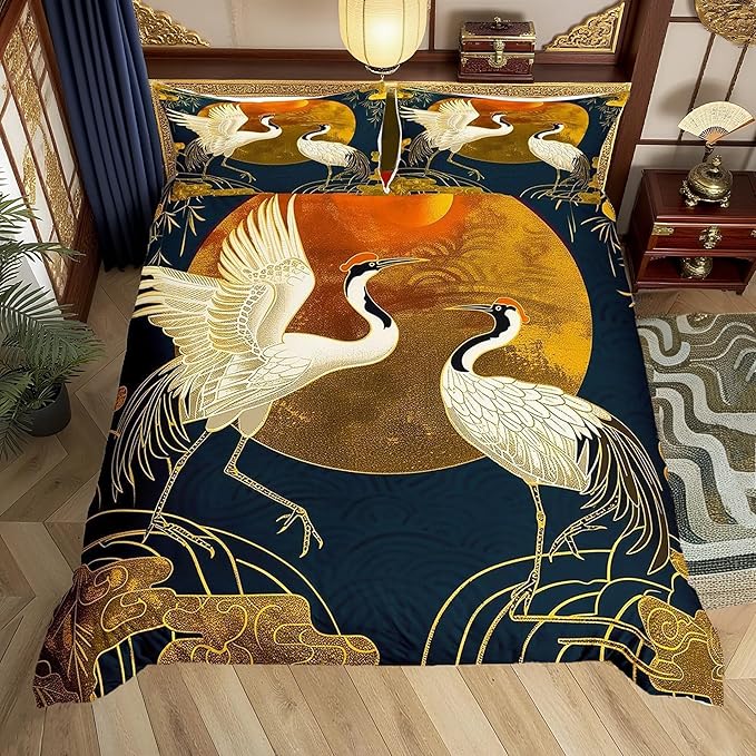 Crane Bedding Set Full,Japanese Cloud Trees Duvet Cover Set 3pcs for Kids Teens Adults Room Decor,Animals Plants Comforter Cover Ukiyo-e Style Quilt Cover with 2 Pillowcases