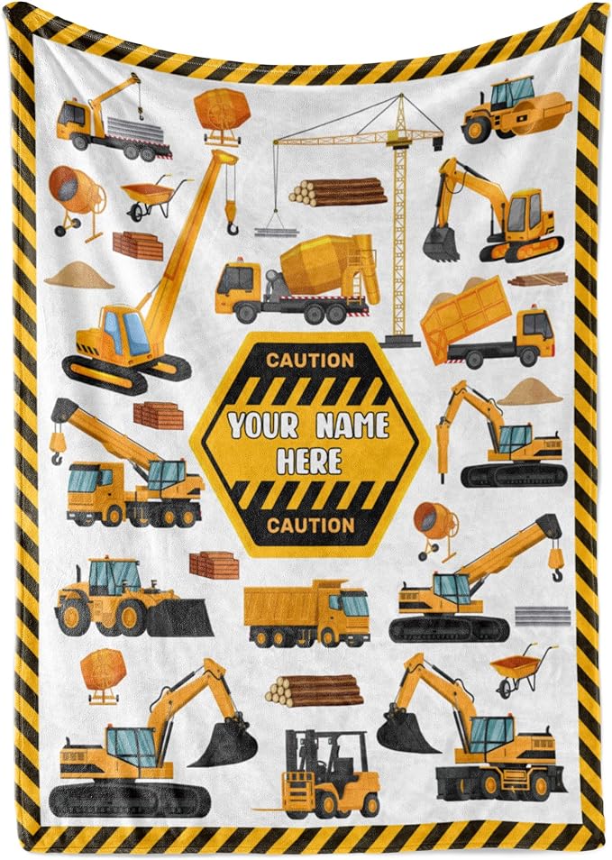 Personalized Truck Blanket - Made in USA and Shipped Next Day - Soft Fleece Construction Excavator Design for Kids & Adults, Toddler Bed or Sofa Throw (30x40 Fleece)