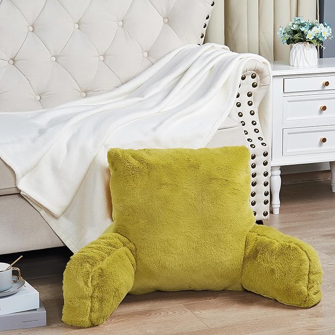 Home Soft Things Fox Faux Fur Bedrest Reading Pillow with Handle and Side Pocket, Backrest Armrest Pillow Back Support for Sitting up in Bed, 20" x 18" x 17", Lemon Curry