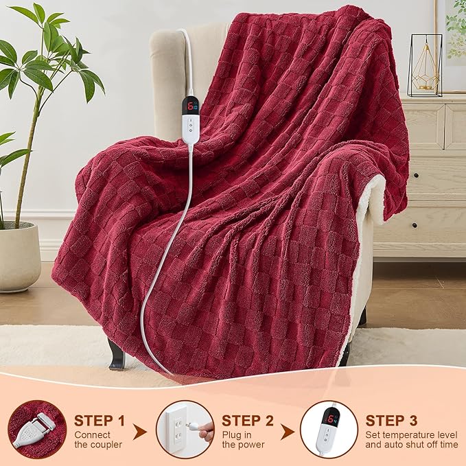 Electric Heated Throw Blanket - Jacquard Checkered Sherpa 50"x60" Fast Heating Bed Blankets with 6 Heating Levels & 4 Hours Auto Off, Over-Heat Protection ETL, Red