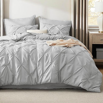 Bedsure Twin Comforter Set Light Grey - Bed in a Bag Twin Size Bedding 5 Pieces, GentleSoft™ Pintuck Bed Set Gift for Family, Pinch Pleat Light Grey Comforter with Sheets, Pillowcase & Sham