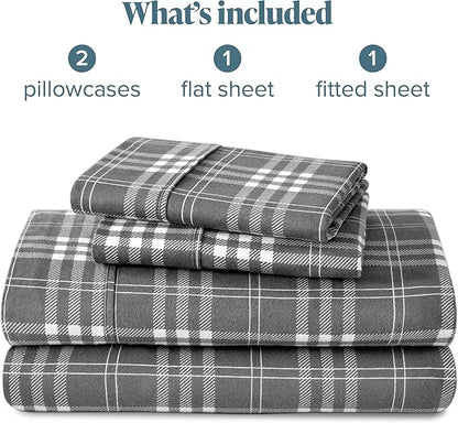 Bare Home Flannel Sheet Set Prints, 100% Cotton, Velvety Soft Heavyweight - Double Brushed Flannel for Extra Softness & Comfort - Deep Pocket - Bed Sheets (Cal King, Stirling Plaid - Grey/White)