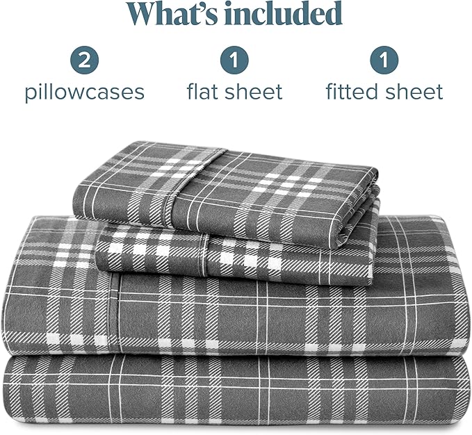 Bare Home Cotton Flannel Sheet Set Prints, Bed Linen Set, Double Brushed Flannel for Extra Softness & Comfort, 4 Piece, Queen, Stirling Plaid - Grey/White