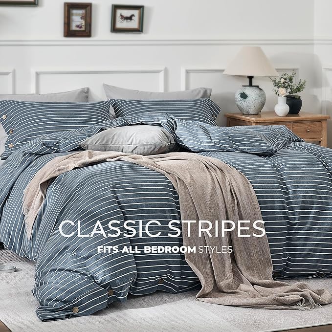 JELLYMONI Cotton Duvet Cover King Size - Blue Pinstriped Comforter Cover with Button 100% Washed Cotton 3PCS Breathable Soft Solid Bedding Set Duvet Cover 104×90in & 2 Pillowcases (NO Comforter)