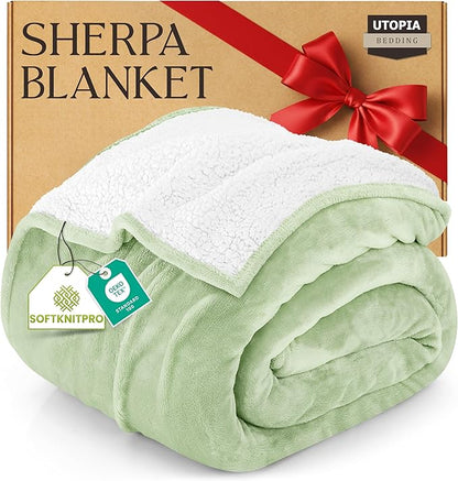 Utopia Bedding Sherpa Blanket King Size (Sage Green, 90x102 Inches) - Soft Lightweight Plush Fleece Reversible Blanket for Bed, Sofa, Couch, Camping and Travel