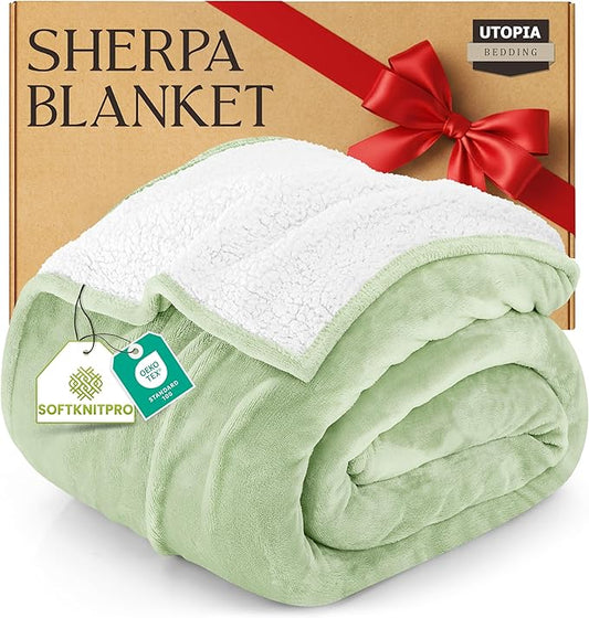 Utopia Bedding Sherpa Blanket King Size (Sage Green, 90x102 Inches) - Soft Lightweight Plush Fleece Reversible Blanket for Bed, Sofa, Couch, Camping and Travel
