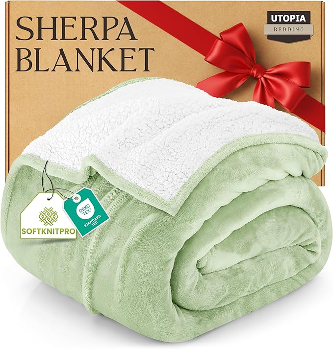 Utopia Bedding Sherpa Blanket California King Size (Sage Green, 102x96 Inches) - Soft Lightweight Plush Fleece Reversible Blanket for Bed, Sofa, Couch, Camping and Travel