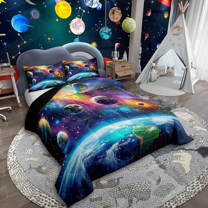 Feelyou Universe Galaxy Comforter Set Toddler Size Kids Planets Earth Bedding Set Boy Girl Teen Solar System Comforter Breathable Outer Space Duvet Set Nebula Quilt Set