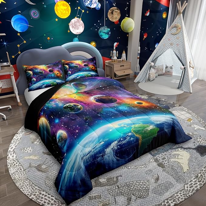 Feelyou Universe Galaxy Comforter Set Twin Size Kids Planets Earth Bedding Set Boy Girl Teen Solar System Comforter Breathable Outer Space Duvet Set Nebula Quilt Set