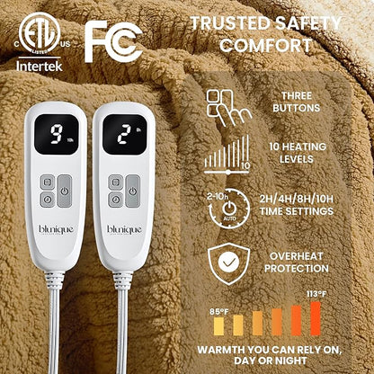 Heated Blanket Electric Blanket King - Fast Heating Blanket Throw Dual Controllers Double Sided Sherpa with 10 Heating Levels & 2-10 Hours Auto Off, Mashine Washable, 90 x 100 Inches, Camel