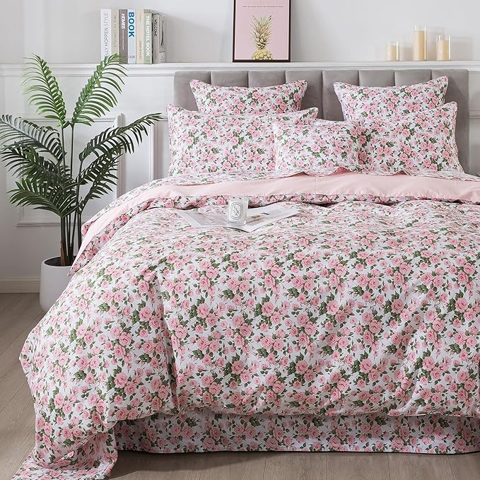 FADFAY Duvet Cover Set Queen Pink Rose Floral Bedding Vintage Peony Flower Quilt Cover Set Shabby Farmhouse Bedding 100% Cotton Ultra Soft Comforter Cover with Hidden Zipper Closure 3Pcs, Queen Size