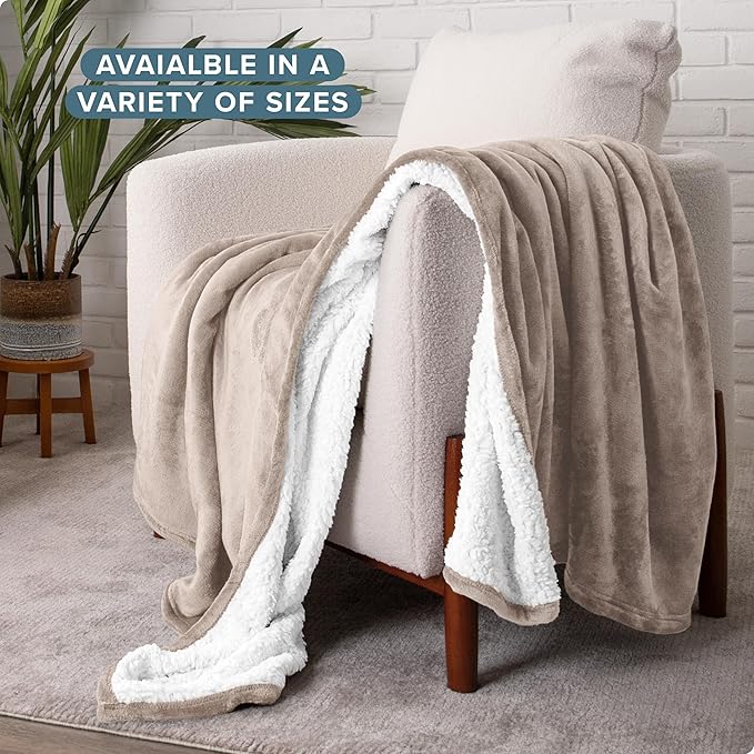 Bare Home Sherpa Fleece Blanket - Throw/Travel Size - Blanket for Bed, Sofa, and Couch - Warm & Lightweight - Fluffy & Soft - Reversible (Throw/Travel, Light Taupe)