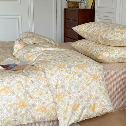 AOJIM Kids Adults Aesthetic Duvet Cover Set for Room Decor, Pure Cotton Comforter Cover Set 3pcs with Begonia Pattern, 1 Soft Quilt Cover Queen Size and 2 Matching Pillowcases, No Comforter