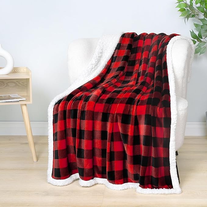 PAVILIA Buffalo Check Sherpa Blanket Throw Queen,Red Black Checkered Flannel Fleece Blanket,Christmas Plaid Warm Plush Microfiber Blanket for Couch Sofa,90x90 Inches