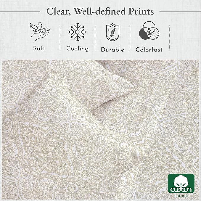 California Design Den Deep Pocket Twin Sheets Set - 400 Thread Count Sateen, Natural 100% Cotton Sheets, and Durable Bedding Set - Paisley Beige