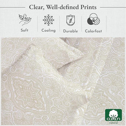 California Design Den Deep Pocket Twin Sheets Set - 400 Thread Count Sateen, Natural 100% Cotton Sheets, and Durable Bedding Set - Paisley Beige