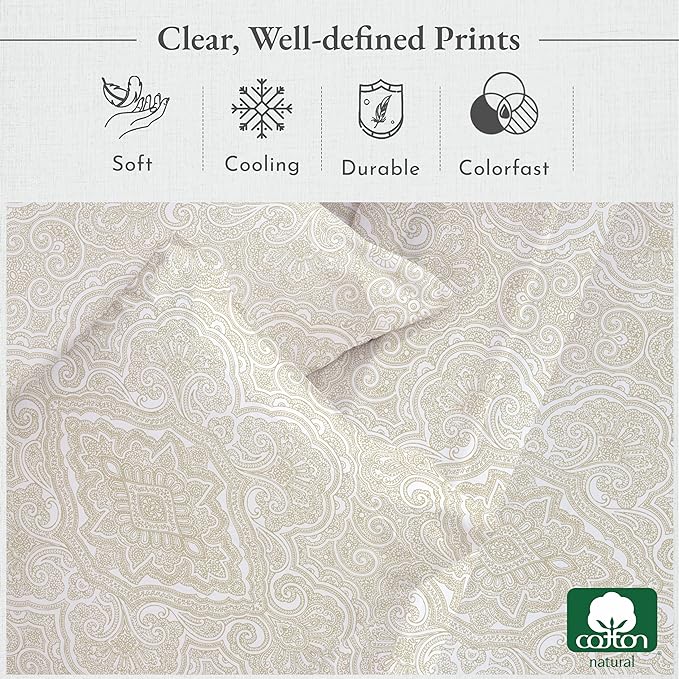 California Design Den California King Sheet Sets - 400 Thread Count Sateen, Natural 100% Cotton Sheets Set, Deep Pocket and Durable Bedding - Paisley Pattern, Beige