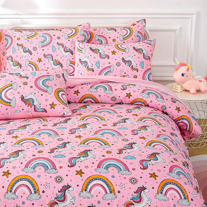 Glow in The Dark Kids Comforter Set， 4 Pieces Pink Unicorn Bedding Set Full Size for Boys Girls Teen, 1 Comforter, 1 Pillowcase, 2 Pillow Shams