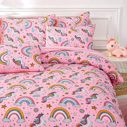 Glow in The Dark Kids Comforter Set， 4 Pieces Pink Unicorn Bedding Set Full Size for Boys Girls Teen, 1 Comforter, 1 Pillowcase, 2 Pillow Shams