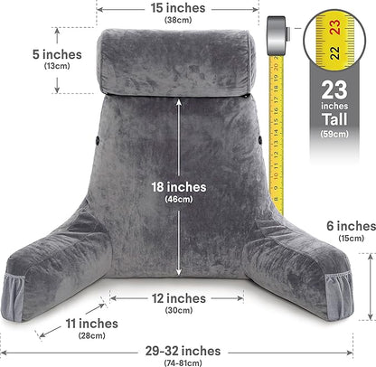 Husband Pillow Medium Dark Grey, Backrest for Kids, Teens, Petite Adults - Reading Pillows with Arms, Adjustable Loft, Plush Memory Foam, Bed Rest Chair Sitting Up, Detach Neck Roll, Removable Cover