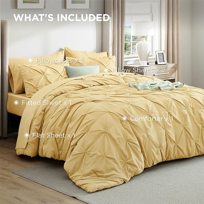 Bedsure Full Comforter Set Yellow - Bed in a Bag Full Size 7 Pieces, GentleSoft™ Pintuck Bed Set Gift for Family, Pinch Pleat Yellow Comforter with Sheets, Pillowcases & Shams