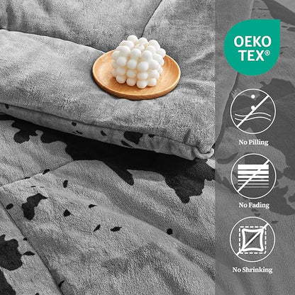 Petrichor Velvet Flannel Queen Comforter Set-Cow Print Western Style Blanket,Luxury Fuzzy Heavy Bedding Set, 3 Pieces Plush Winter Bed Set with Comforter (90"x90") & 2 Pillow Shams (20"x26")